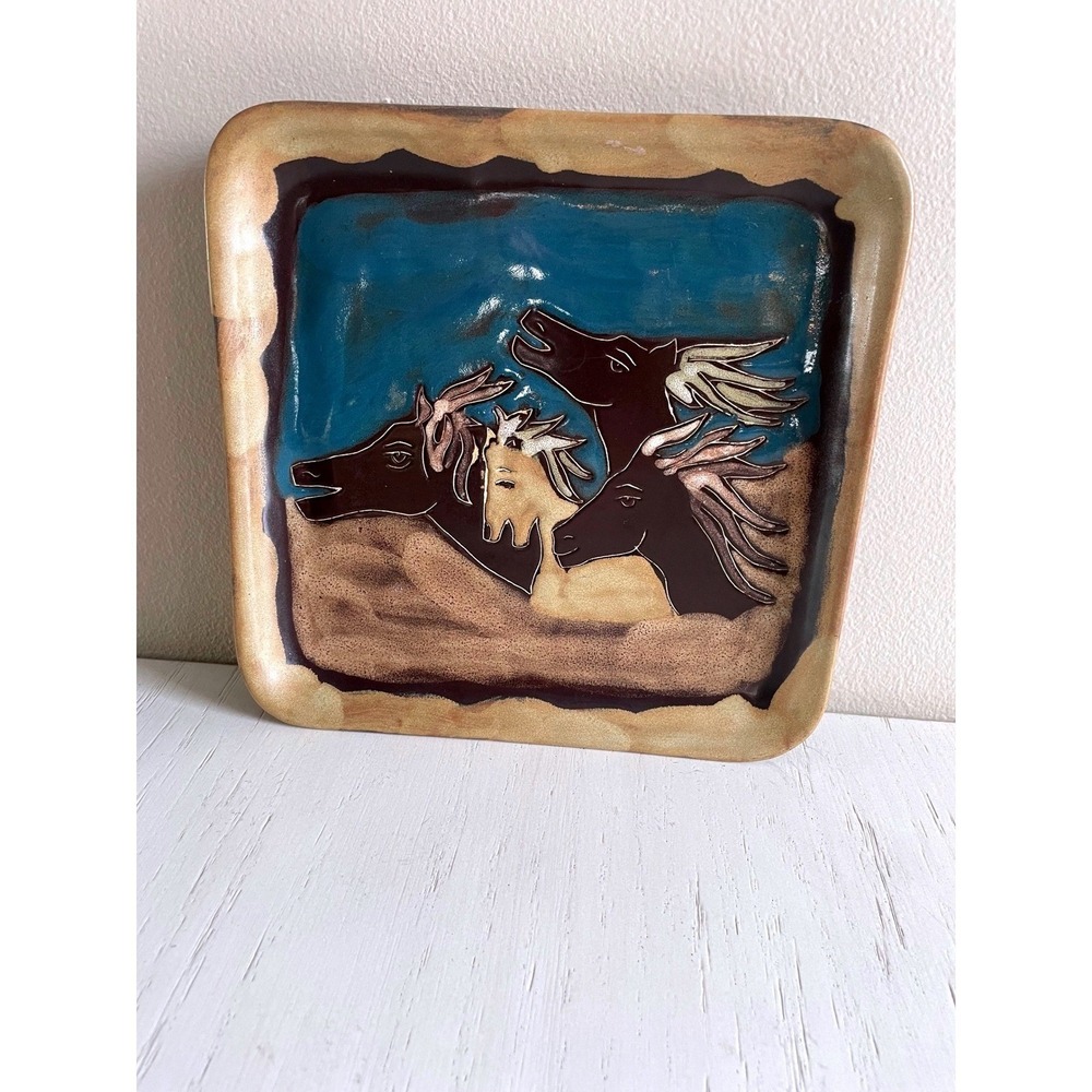 Handcrafted Ceramic Horse Relief Wall Plaque in Teal and Brown